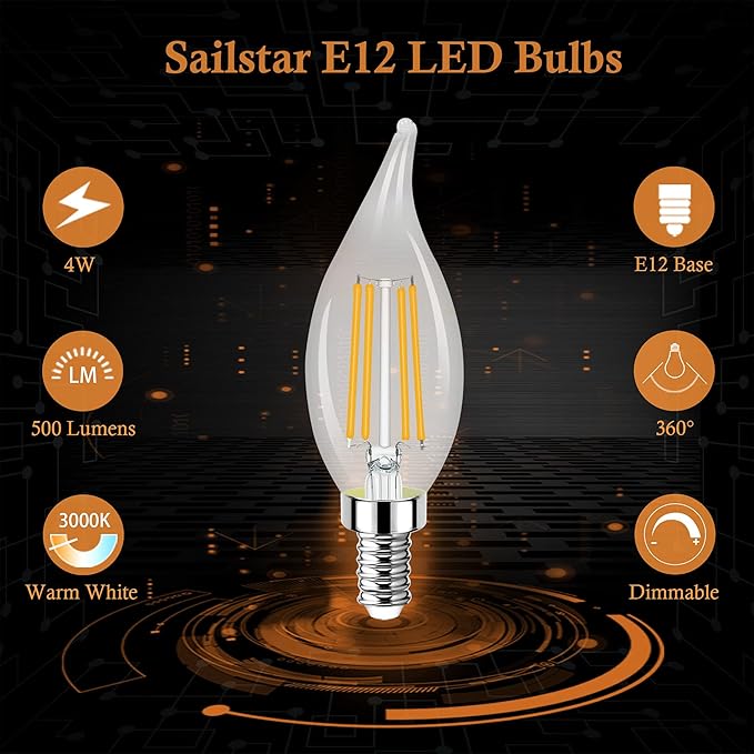 E12 LED Candelabra Bulbs 6 Pack Dimmable 60W Equivalent 3000K Warm White Filament Chandelier Lights