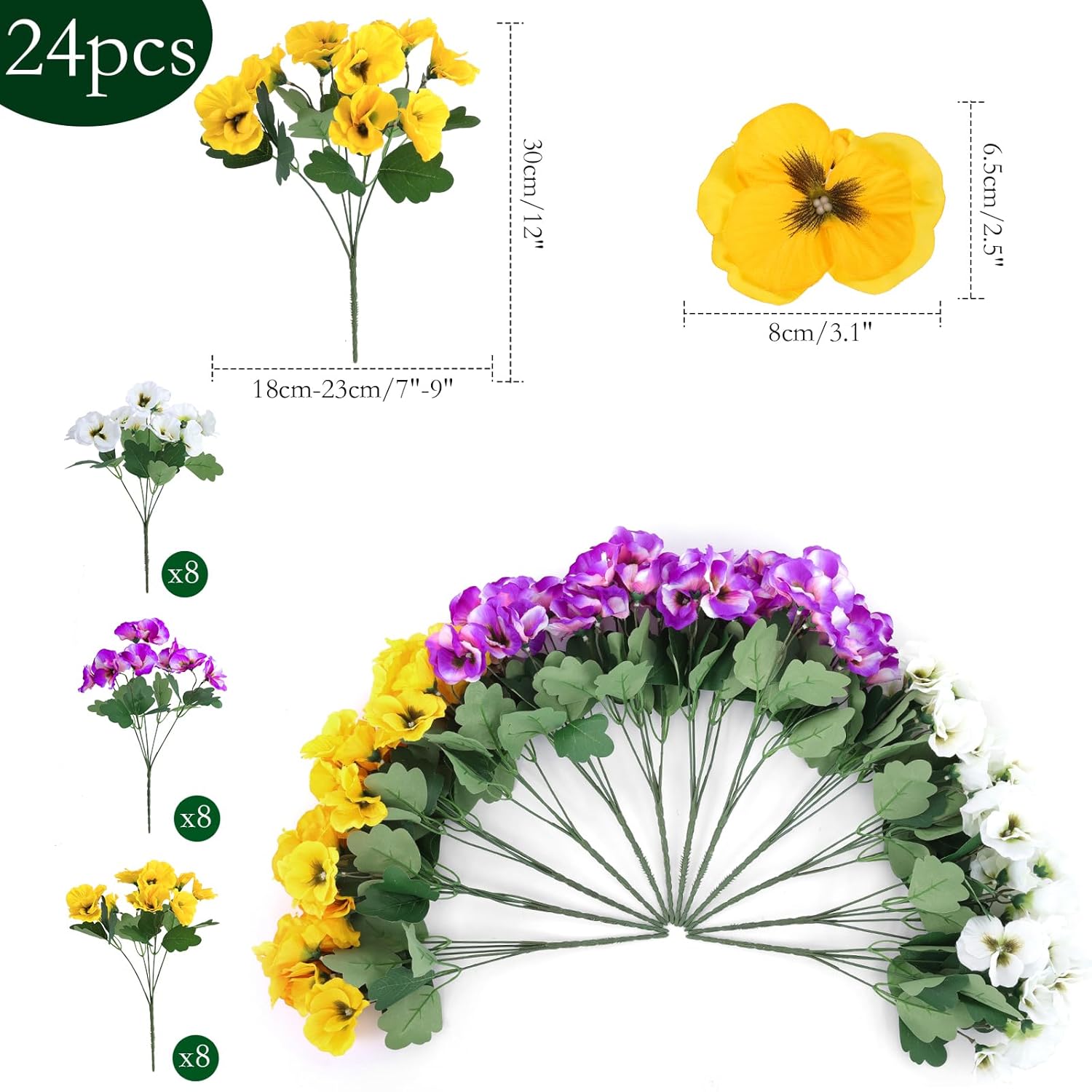 24 Pcs Artificial Outdoor Flowers, Faux Silk Pansy Plants For Outside Uv Resistant Spring Pansies Flower For Home Planter Porch Patio Yard Decor (24, Yellow, White, Purple)