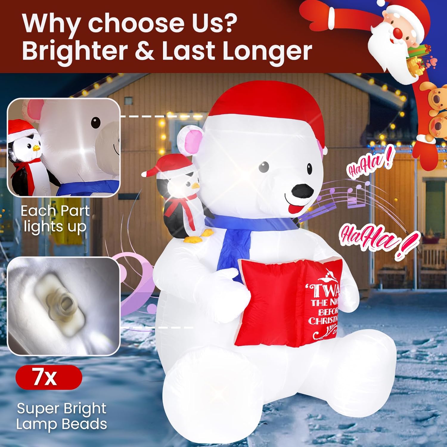 8Ft Giant Christmas Inflatable Polar Bear With Penguin Decoration, Led Light Up & Built-In Speaker, Blow Up Outdoor Indo