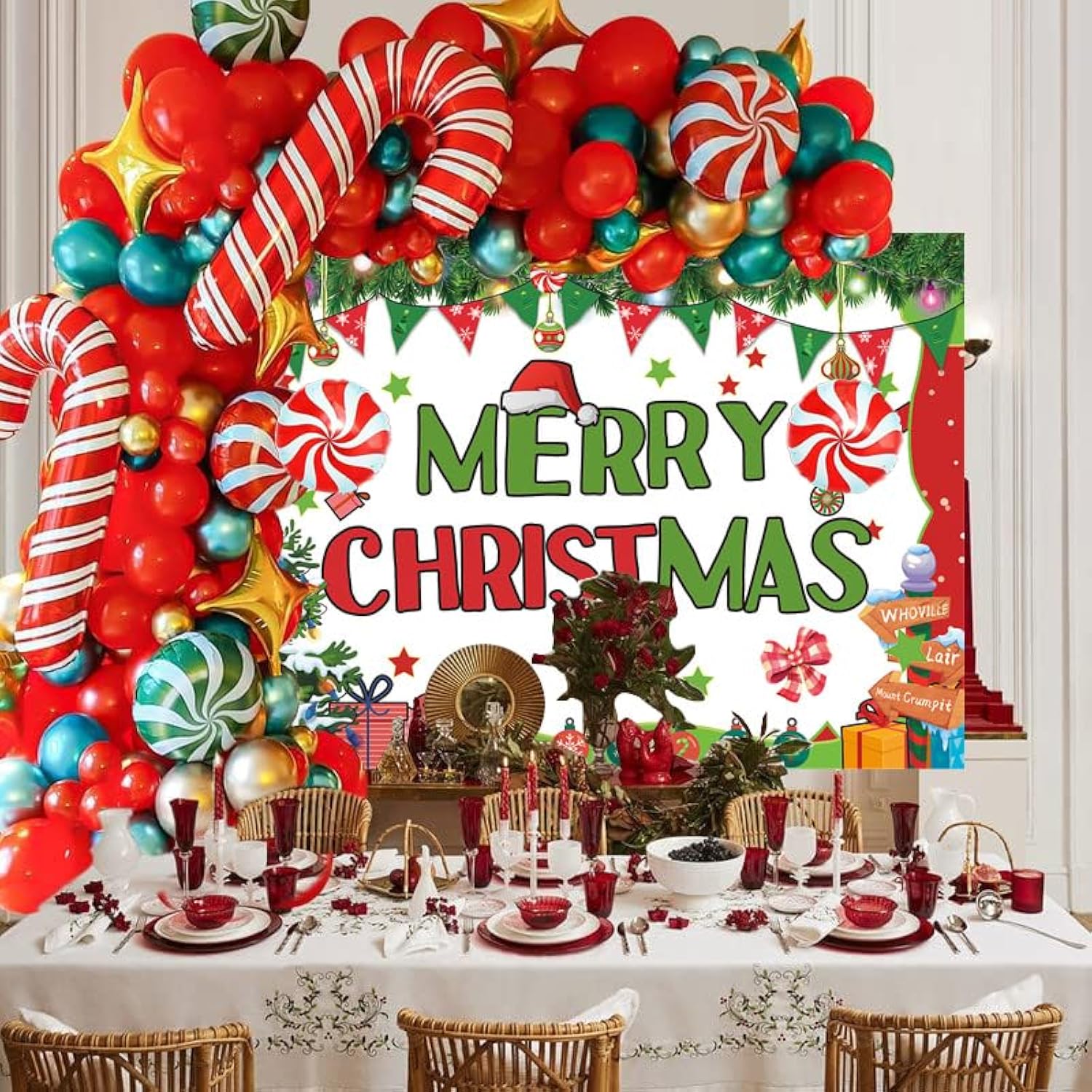 Christmas Party Decorations Set,With Red Green Balloon Garland Arch Kit ,Merry Christmas Backdrop Banner ,Candy Cane Foil Balloons For Xmas Party Decorations