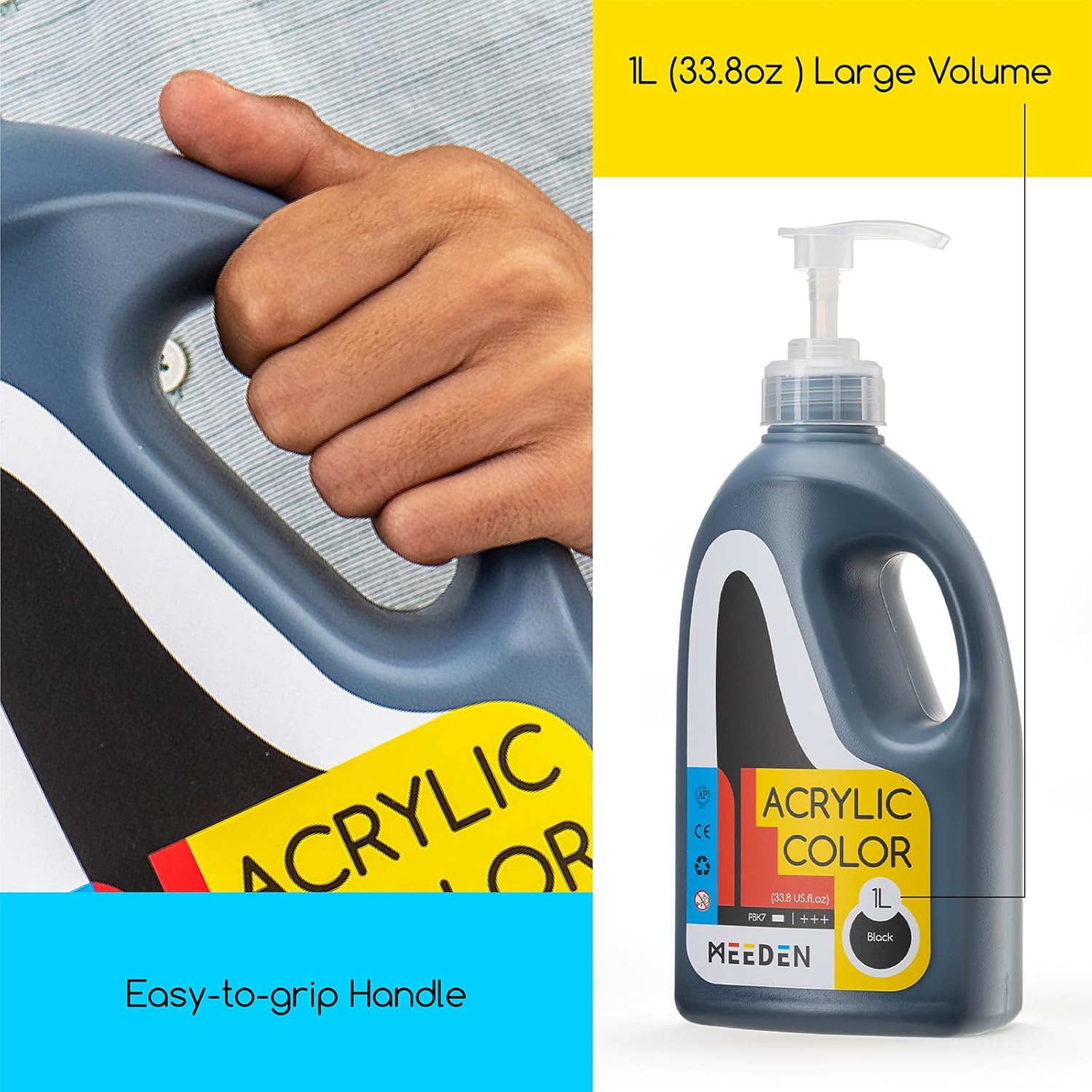 Black Acrylic Paint: 1 L /33.8 Oz Black Liquid Paint With Pump Lid - Soft Body Art Paints For Canvas, Studio, School, Wall & Poured Paintings