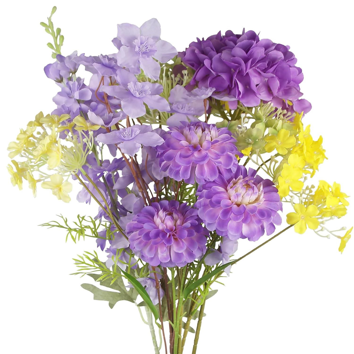 7 Pcs Artificial Spring Flowers Purple Hydrangea Silk Flowers Bouquet Delphinium Artificial Flowers Zinnias Faux Flowers Long Stems For Wedding Home Table Centerpieces Baby Shower Floral Decor