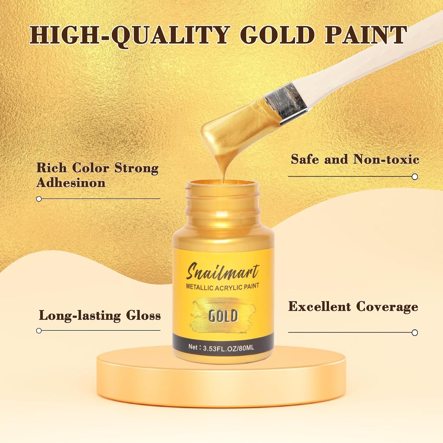 80Ml Acrylic Paint Metallic Gold With 1 Brushes,Gold Leaf Paint For Art Painting, Hand-Crafts, Non-Toxic, Non-Fading For Canvas, Wood, Fabric, Ceramic, Stone Craft Supplies (Glow-80Ml)