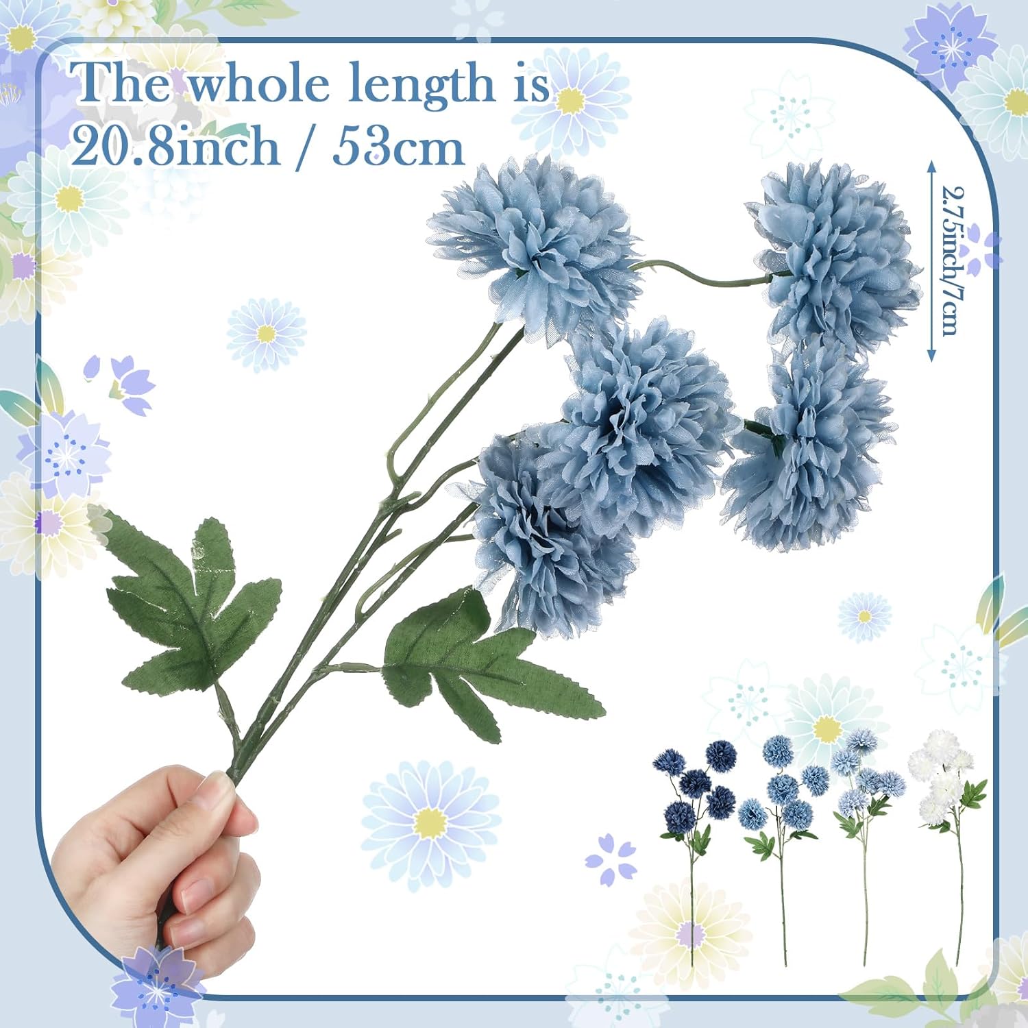 8Pcs 21In Navy Blue Artificial Chrysanthemum Silk Mum Flowers With 5 Heads Ball Faux Kiku Flower Pompom Floral For Spring Summer Table Centerpieces Home Indoor Decoration(White And Navy Blue)
