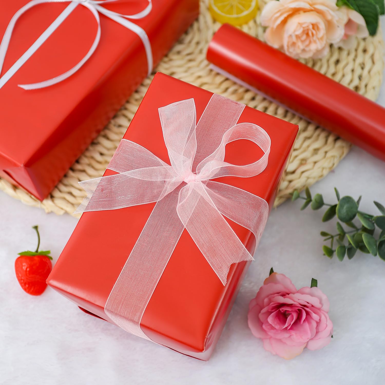 Red Wrapping Paper Roll For Christmas, Birthday, Wedding, Holiday, All Occasion - Solid Color Pearly Red Gift Wrap Paper, 17.4 Inch