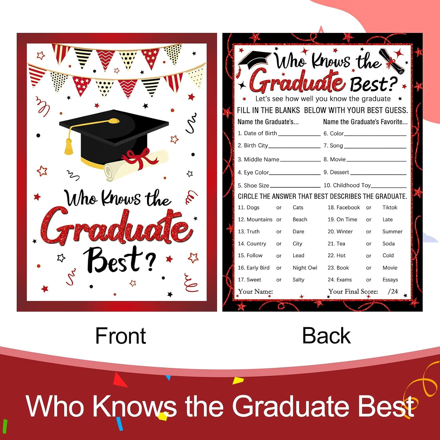 30 Players Who Knows The Graduate Best Graduation Party Games, Class Of 2025 Grad Game, Cool Graduation Party Favor Supplies Ideas For High College Senior School Party Decorations Black Red B