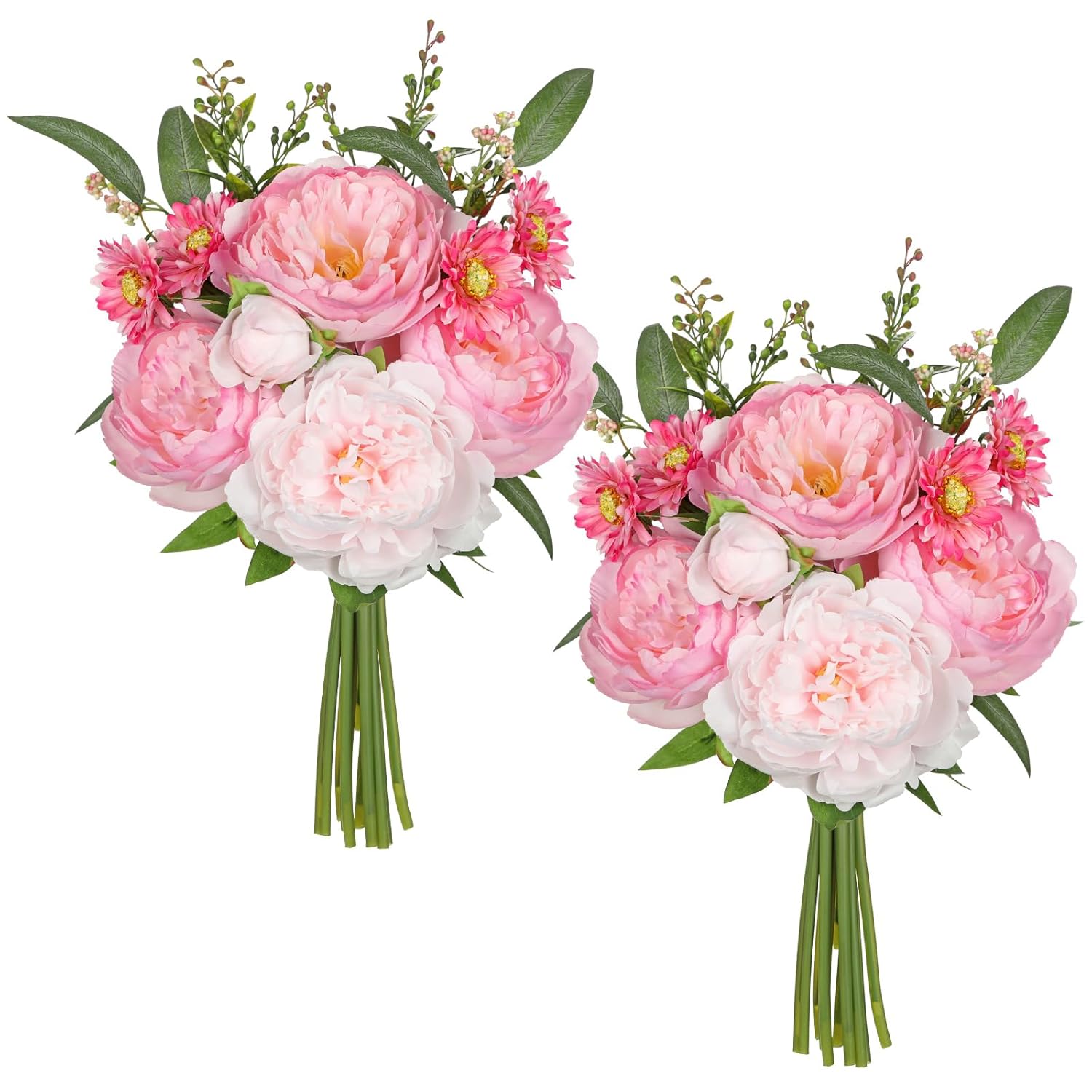 Artificial Peony Flower Stems 2 Pack (20Pcs) Hot Pink Faux Peonies & Daisies Silk Flowers 15.3" Realistic Fake Flowers For Vase Centerpiece Wedding Diy Bridal Bouquet Party Home Decor