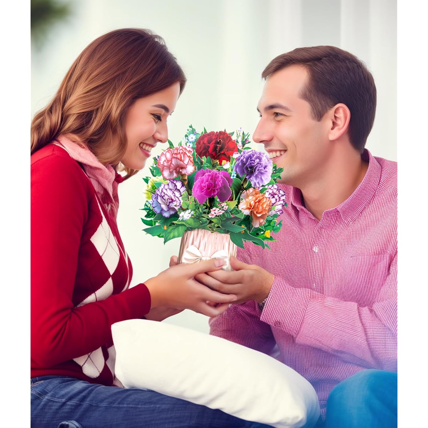 3D Pop-Up Card With Colorful Carnation Bouquet - Papar Crafted Flower Card - Elegant Greeting Card For Mother’S Day, Birthdays, Anniversaries, Weddings, Or Thank You – Includes Envelopes & Note Card