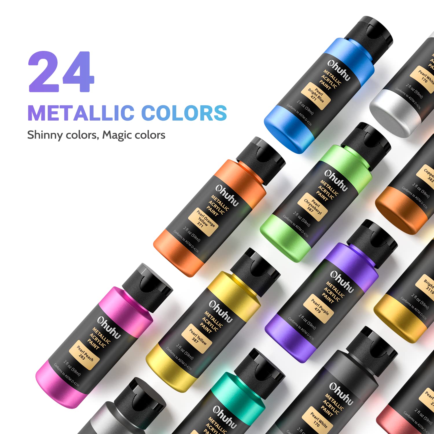 Acrylic Paint Set for Art, Ohuhu 24 Colors 2 Ounce/59ml Metallic Acrylic Paint Supplies for Wood, Fabric, Crafts, Canvas, Leather&Stone