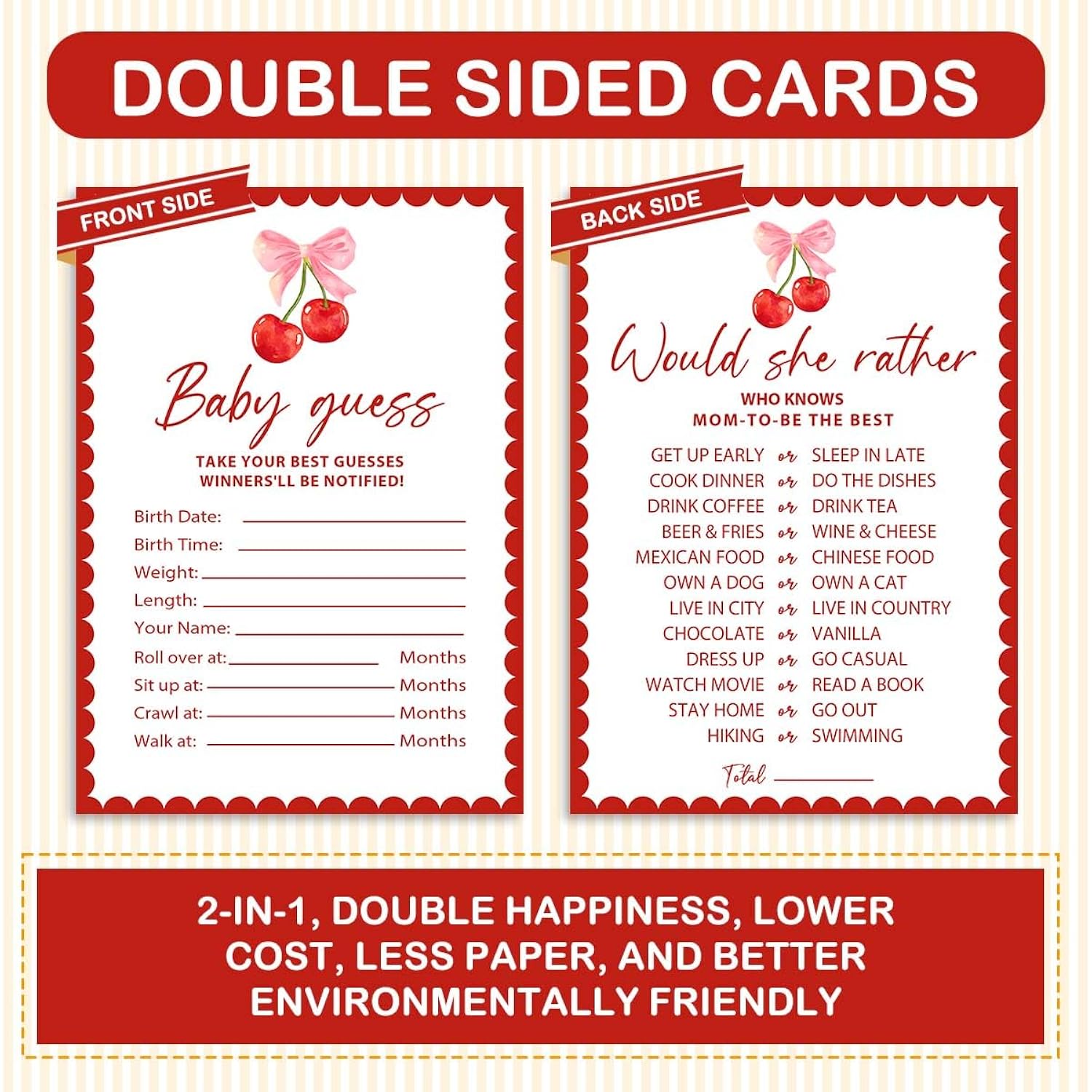 Cherry Baby Shower Game, 4 Funny Games For Boy Or Girl, Babies Guess Cards, Would She Rather, Advice For New Parents, Well Wishes For Babies, Cherry Baby Shower Decoration For 20 Guests