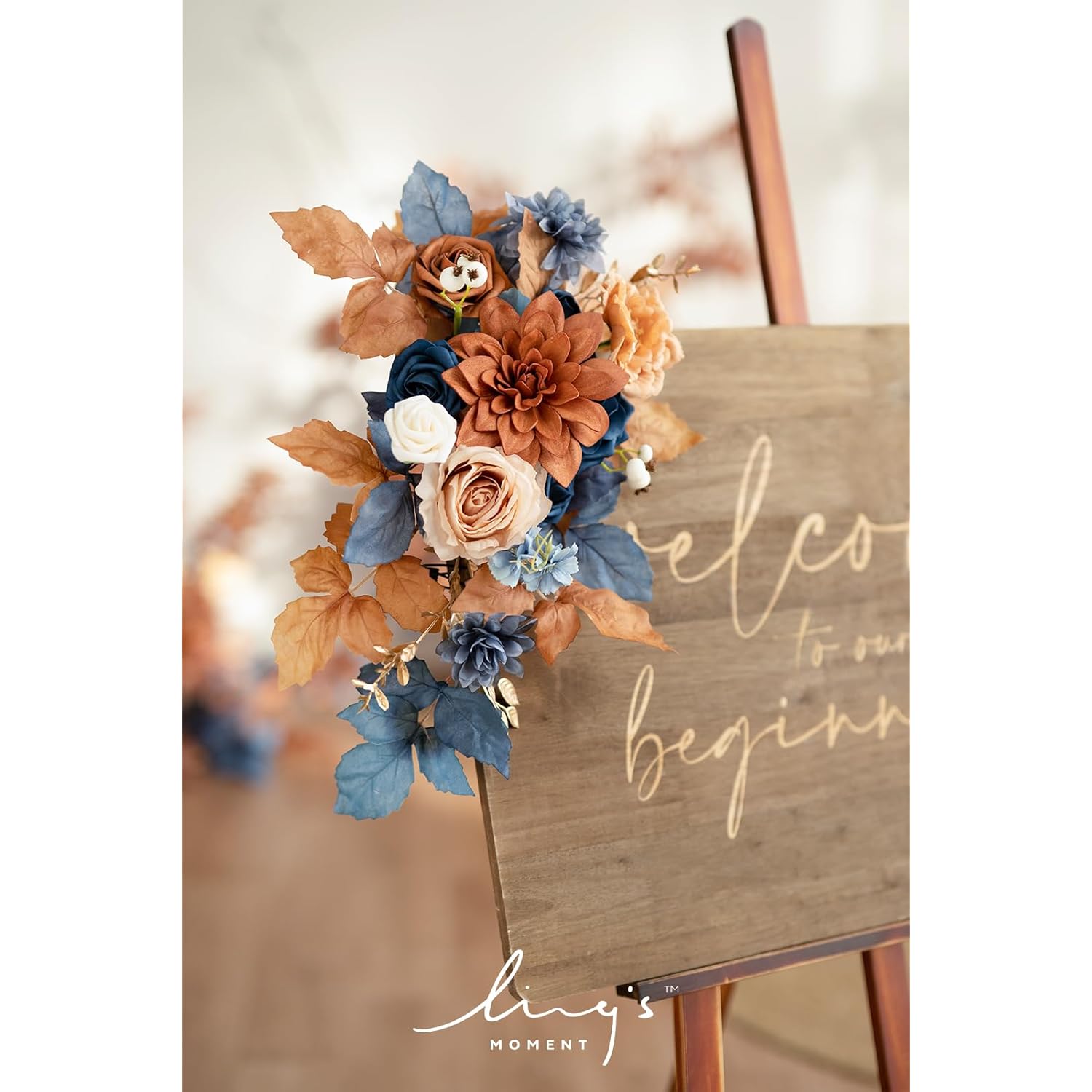 2Pcs Artificial Welcome Sign Swag Wedding Arch Flowers Backdrop Decorations Floral Garland Orange Terracotta Navy Blue Rose Ceremony Party Reception Board Door Wall Home Entryway Outdoor