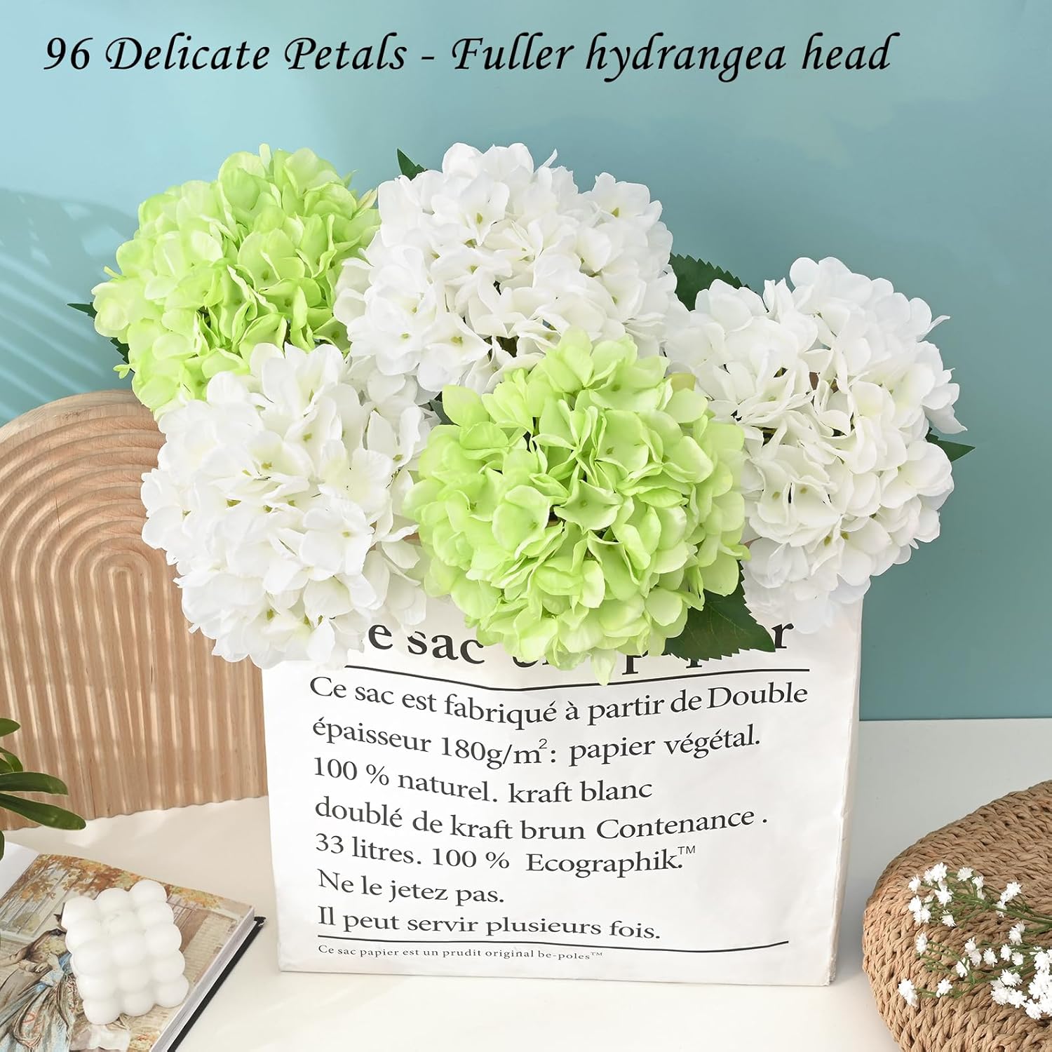 8 Pcs Hydrangea Artificial Flowers With Realistic Stems, 18In Large Fake Flowers, Faux Flower For Home Party Decor Outdoor Wedding Bouquets Table Centerpieces Decoration,White Green