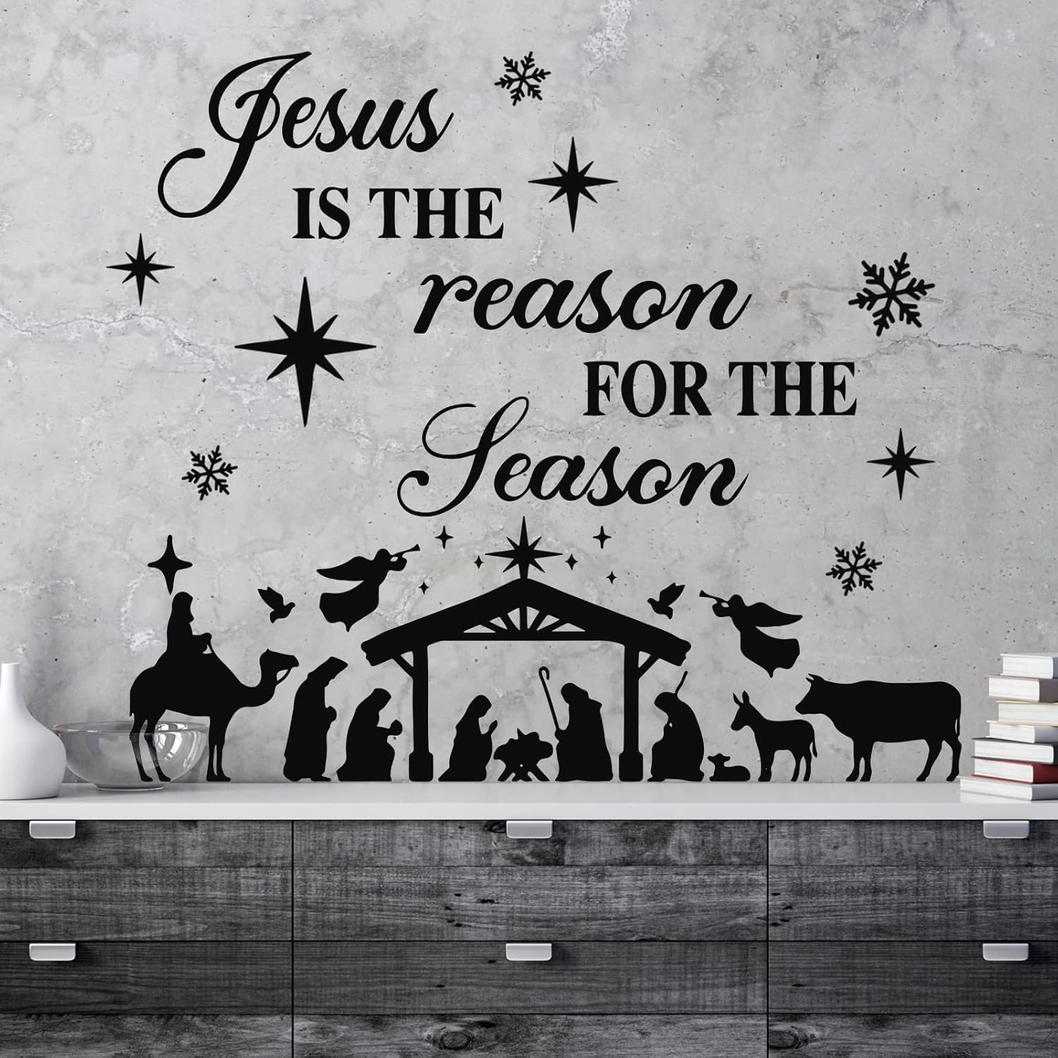 3 Pcs Nativity Scene Wall Decor Stickers Christmas Bible Quotes Christian Vinyl Wall Decal Set Jesus Is The Reason For The Season Bible Verse Wall Decals Joy To The World Wall Stickers For Home