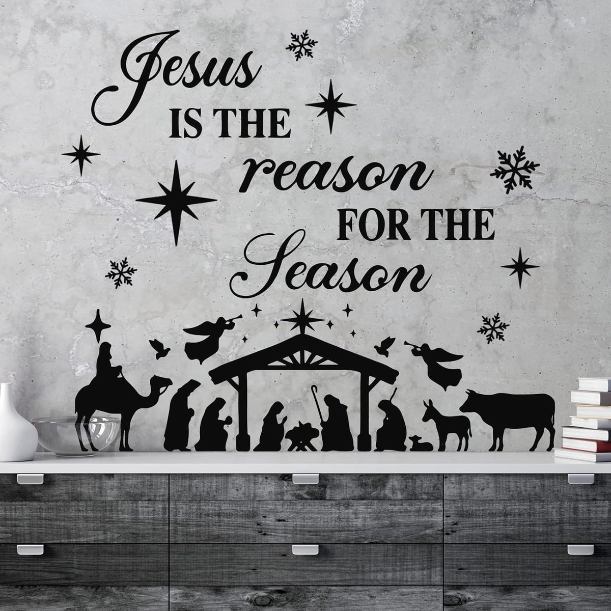 3 Pcs Nativity Scene Wall Decor Stickers Christmas Bible Quotes Christian Vinyl Wall Decal Set Jesus Is The Reason For The Season Bible Verse Wall Decals Joy To The World Wall Stickers For Home