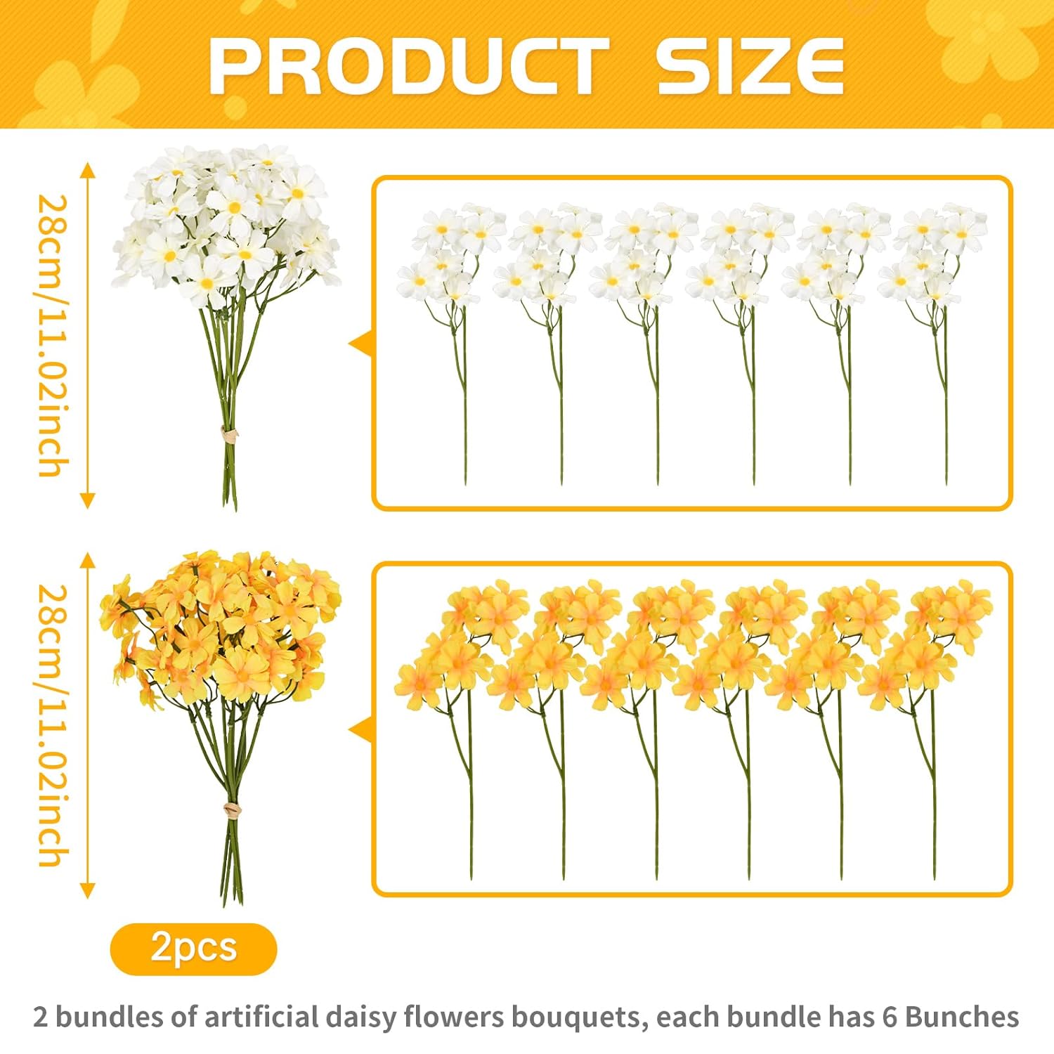 2 Bundles Small Artificial Daisy Flowers Bouquet Faux Silk Tiny Wildflowers Flowers For Home Garden Vase Decor (Yellow And White)