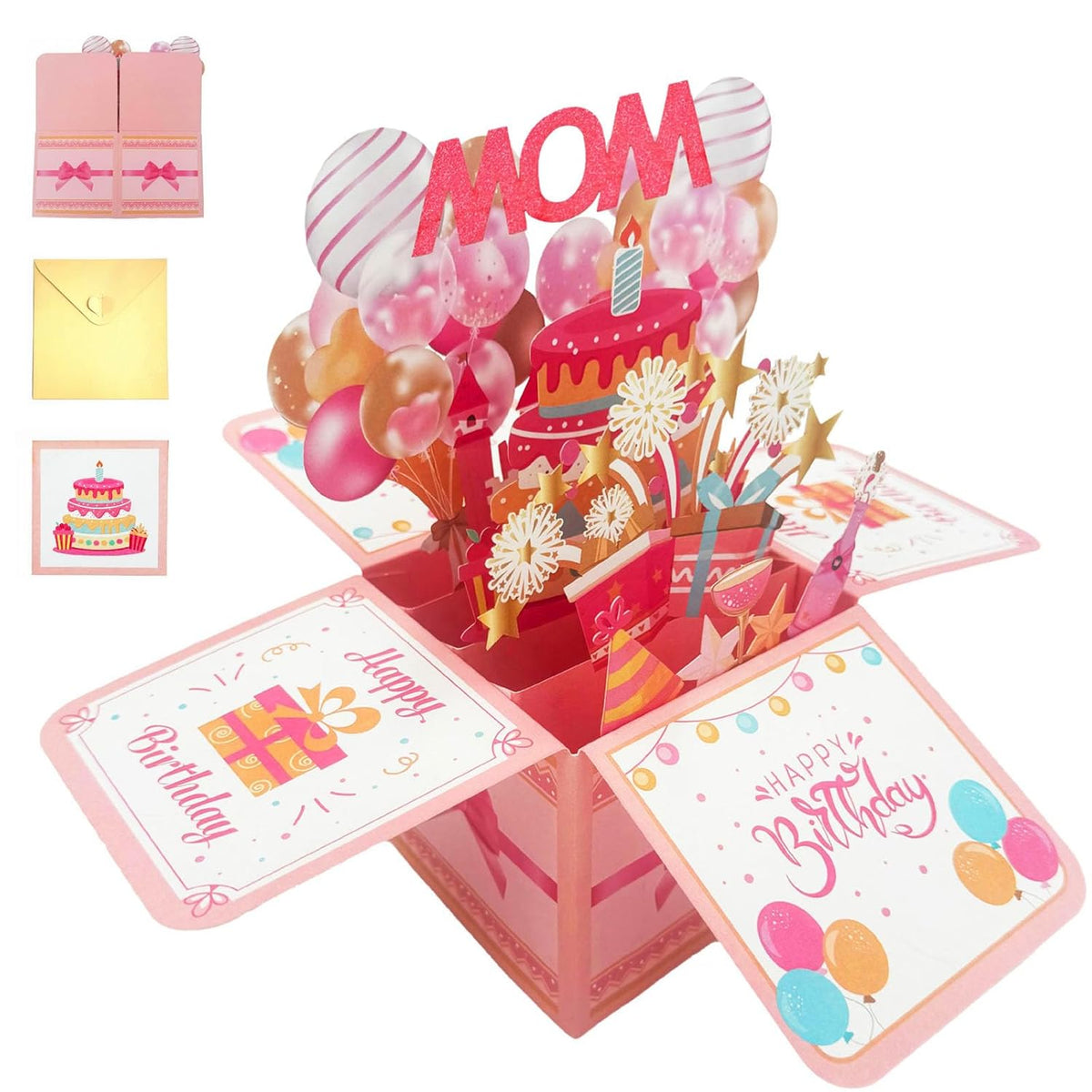 Happy Birthday Mom Card From Daughter Son Kids Funny 3D Pop Up Birthday Gift Card Box For Mom Foldable Celebration Greeting Cards With Envelope For Women Stepmom Godmother