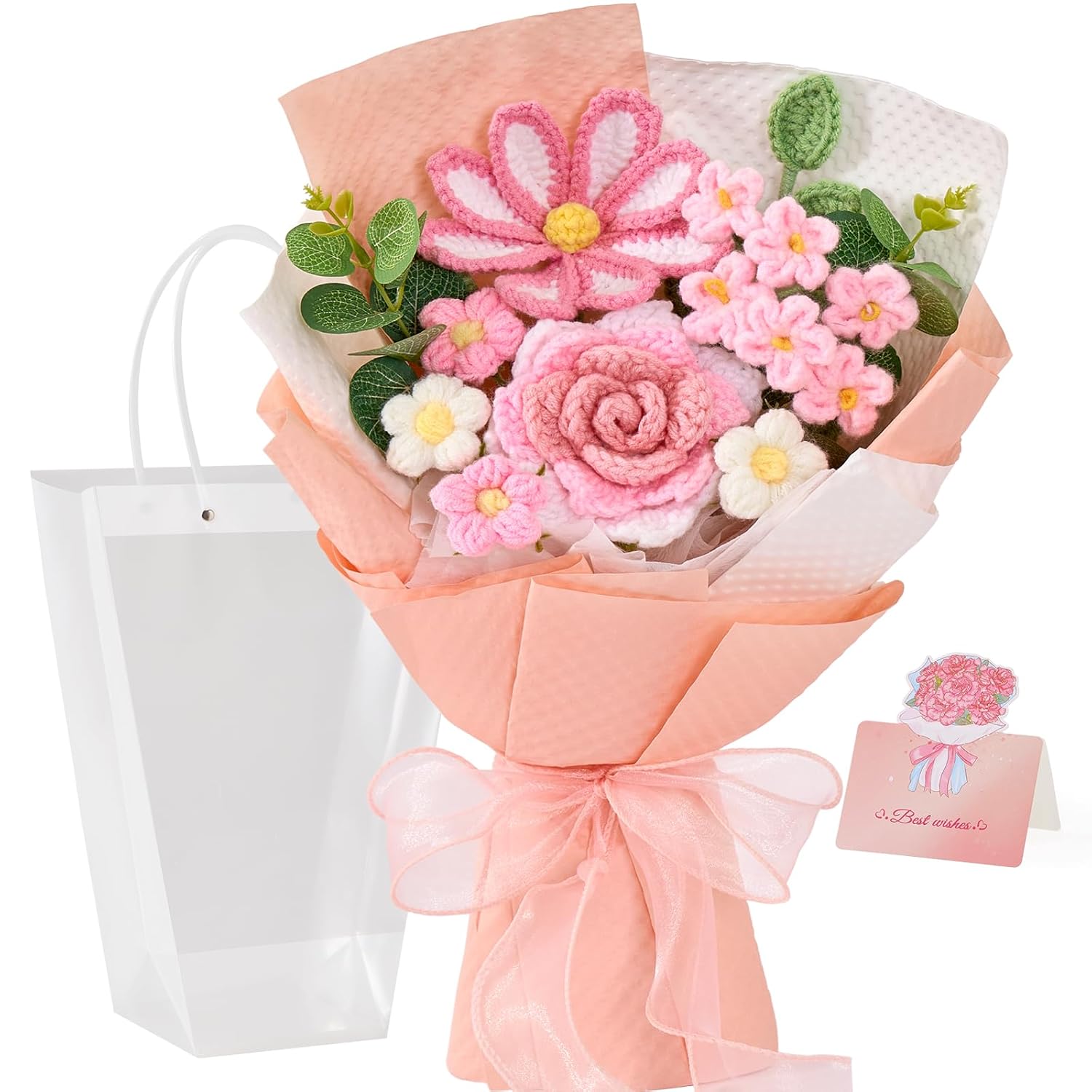 Crochet Flower Bouquet, Knitted Flowers, Pink Handmade Bouquet Of Flowers For Lover Anniversary Birthday Party Valentine'S Day Mother'S Day Graduation Gifts (Include Card)