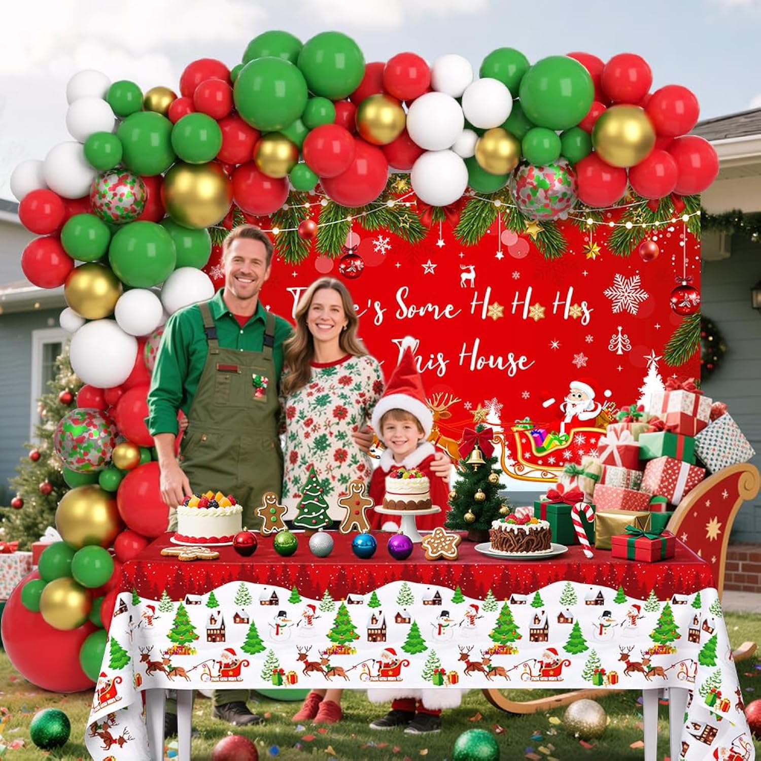 129Pcs Happy Christmas Party Decorations Merry Christmas Balloon Arch Kit Includes There Is Some Ho Ho Ho In This House Banner, Xmas Themed Balloons And Tablecloths For Merry Friendsmas Party
