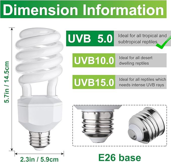 UVB Reptile Light Bulb 5.0 23W Spiral Compact Fluorescent Terrarium Lamp for Tropical Reptiles 2 Pack
