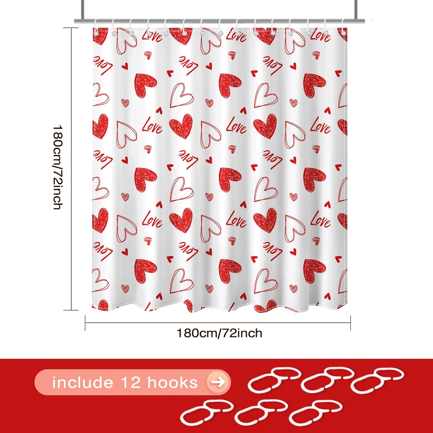 Valentines Shower Curtain Red Heart Shower Curtain For Valentines Day Bath Decorations Sweet Love Bath Curtain With 12 Hooks, 72 X 72 Inch Waterproof Fabric Bath Curtain