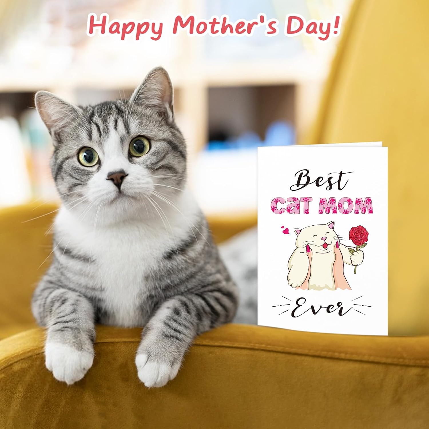 Funny Best Cat Mom Ever Mothers Day Card From Cat Kitty Daughter Son - Funny For Cat Mom Women With Envelope