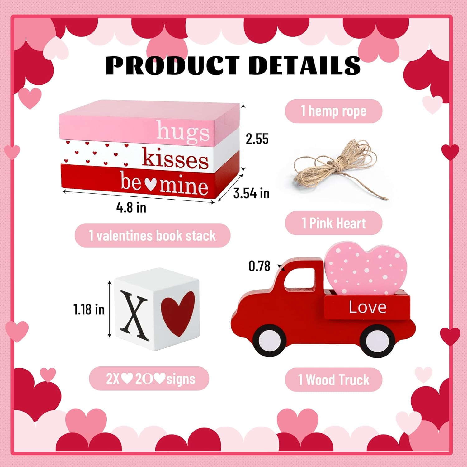 Valentines Day Decorations Wooden Sign, Valentines Wood Book Stack With 4 Xoxo Signs & Red Truck & Pink Heart, Farmhouse Valentines Table Decor Centerpiece For Home Office Mantel Shelf Tiered Tray