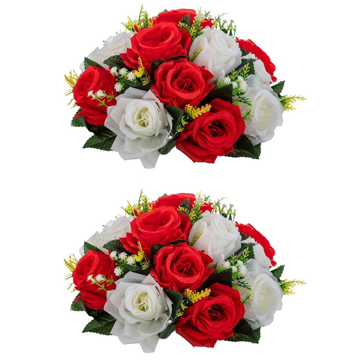 Artificial Roses Flowers, 2 Pcs Flower Ball Arrangement Bouquets 15 Heads Plastic Roses With Base, Perfect For Wedding Party Valentines Table Decoration, Home Décor, Wedding Centerpieces?Red White?