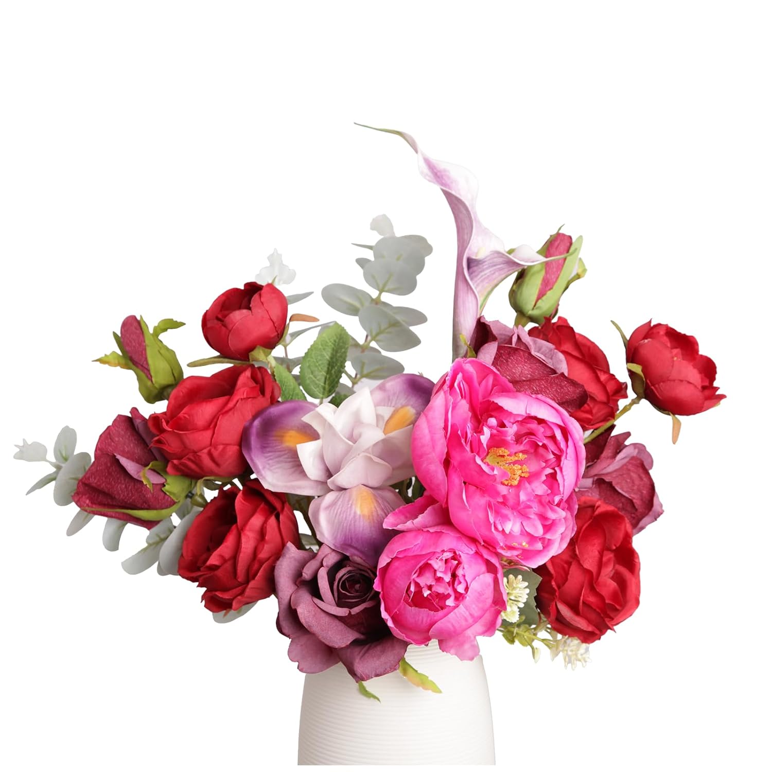 Artificial Flower Arrangement, Silk Peony & Rose Real Touch Bouquet, Lifelike Faux Floral Assortment Centerpiece For Home Wedding Party Decor (Red & Pink Mixed)