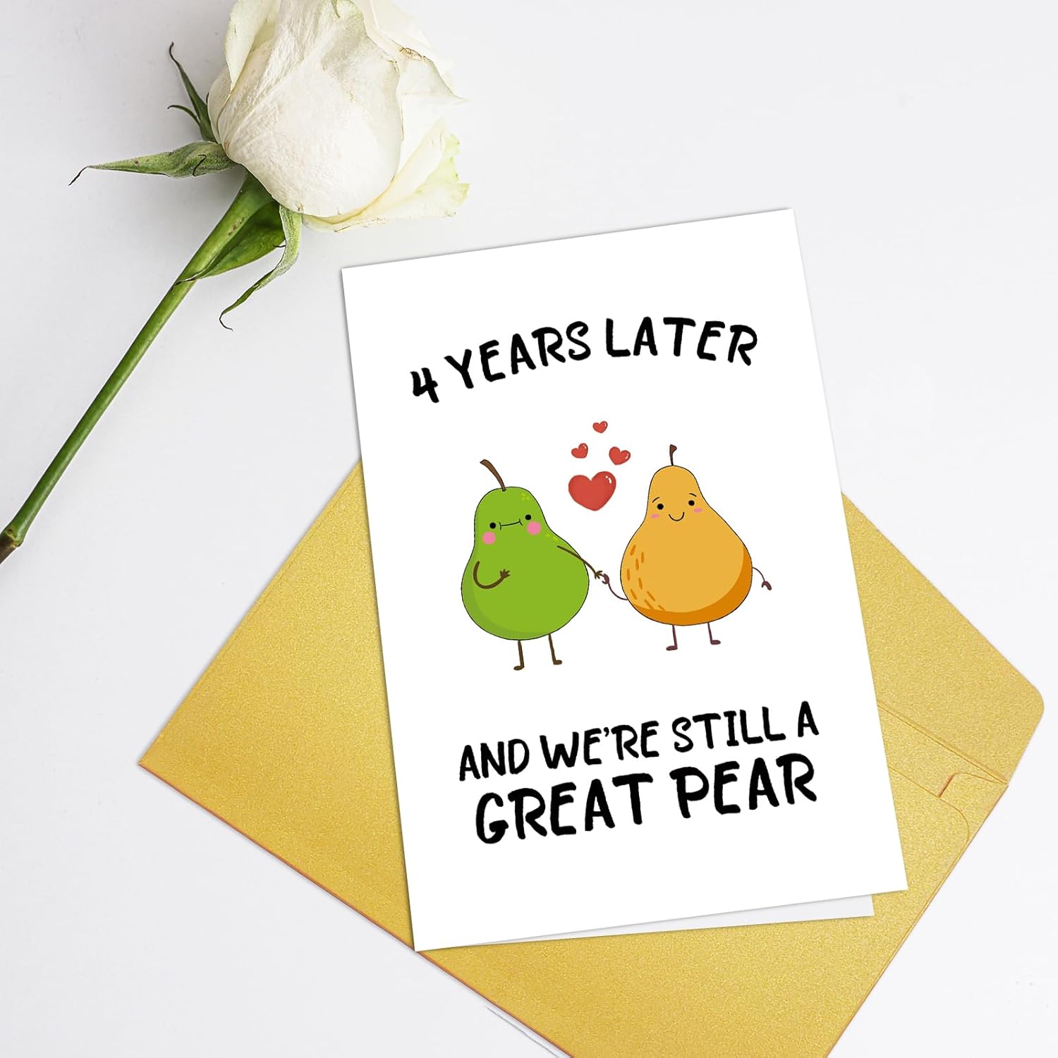 Funny 4Th Anniversary Card For Wife Husband, Sweet Four Years Card For Him Her, Cute Pear Love Card, Romantic Valentines Day Card