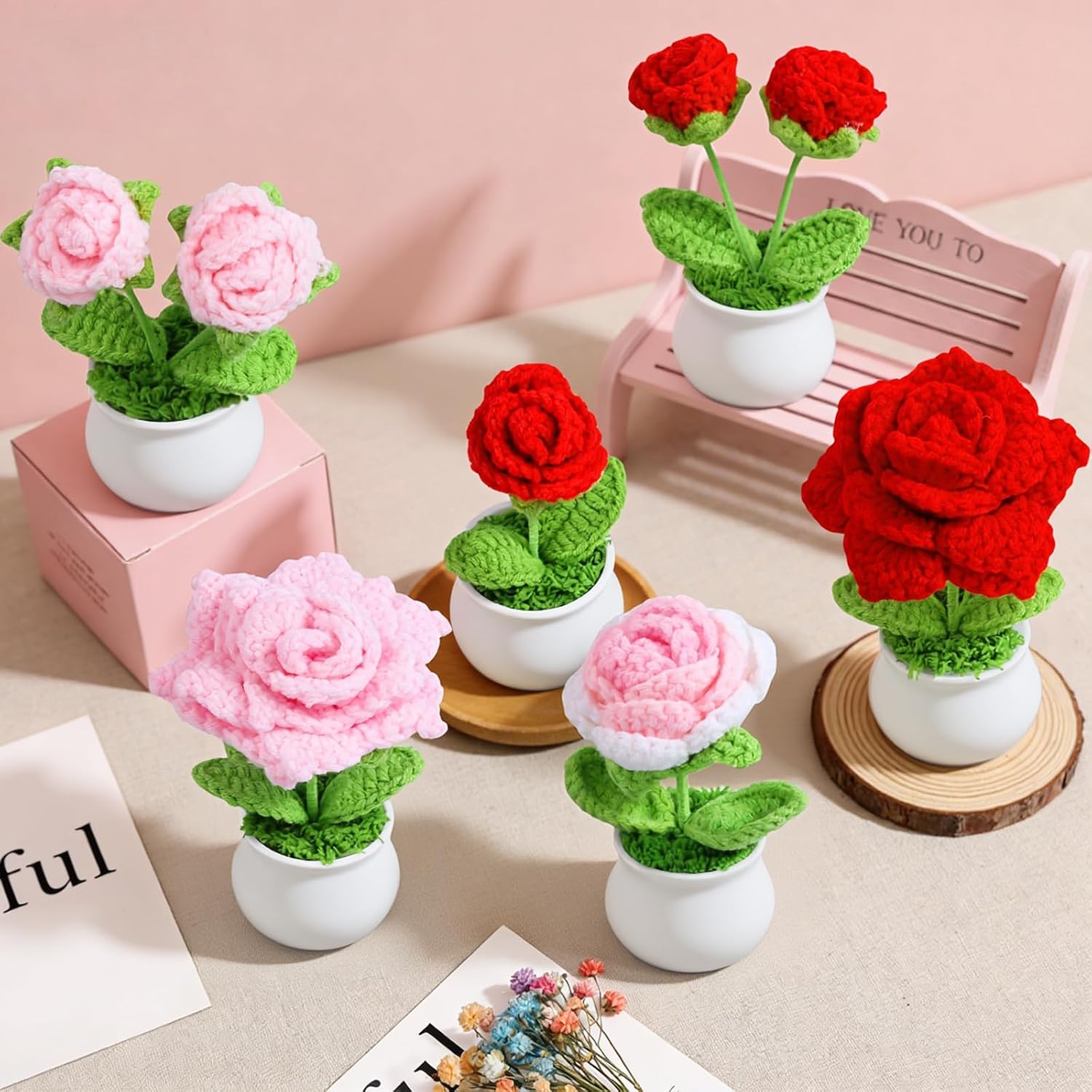 6Pcs Knitting Crochet Flowers Potted Plants, Crochet Flowers Artificial,Small Potted Knitted Home Office Decor Mothers Day Valentines Day Birthday Gifts