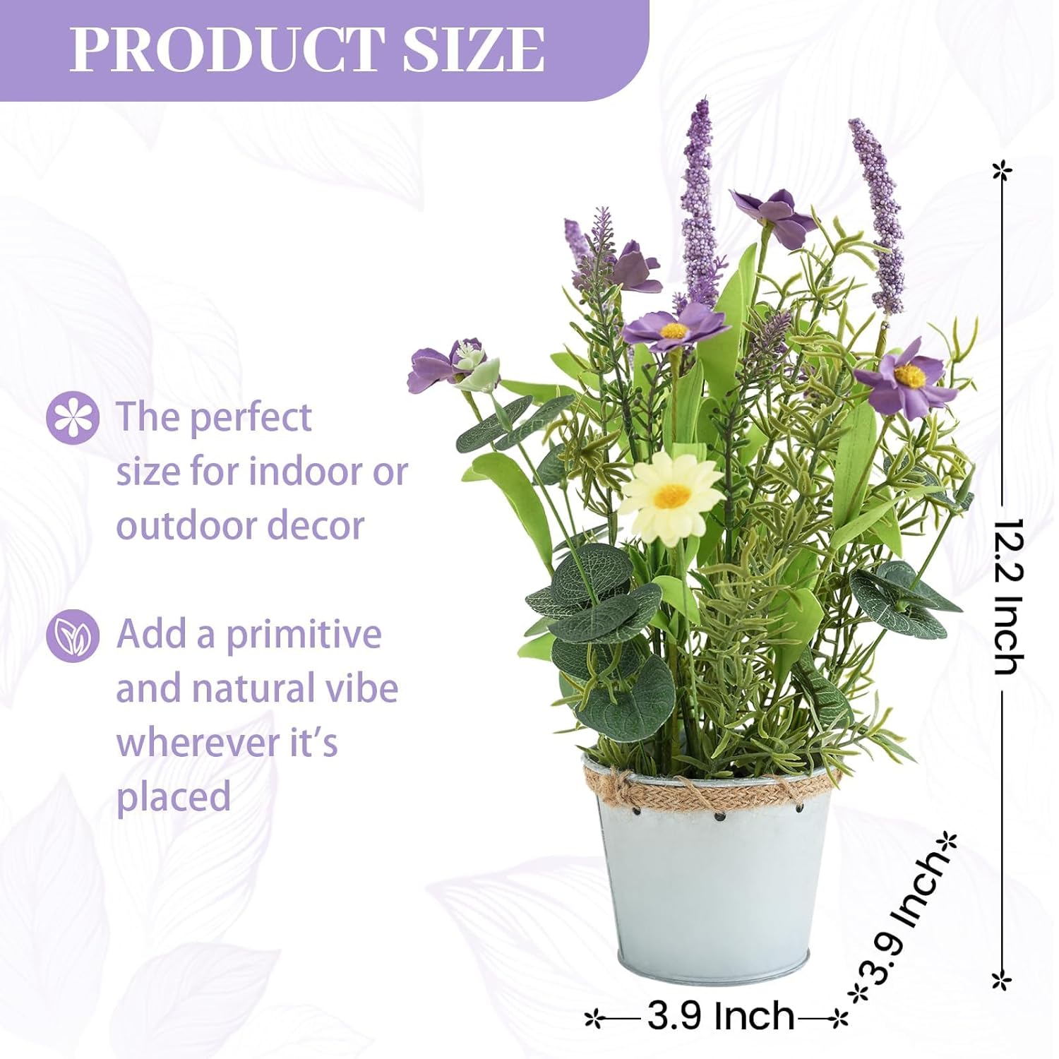 Artificial Flowers Potted, 12.2'’ Flower Arrangement W/Daisy & Lavender In Metal Pot, Fake Plants For Home Wedding Restaurant Dinner Decoration Shelf Table, Purple & Green