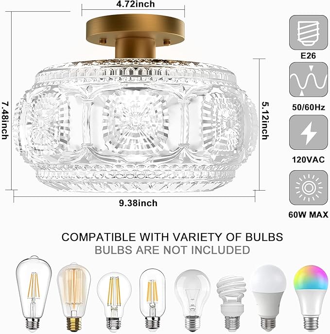 Gold Globe Glass Ceiling Light Modern Semi Flush Mount Fixture for Hallway Bedroom