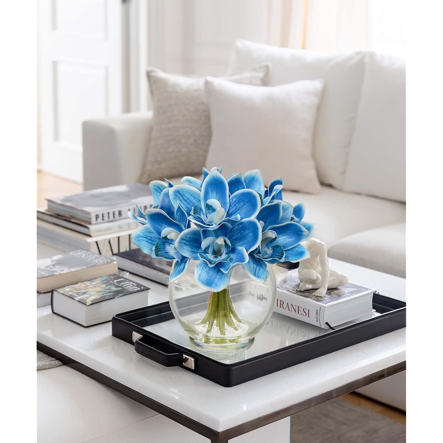Faux Flowers In Vase 9.3" Cymbidium Orchid Flowers Arrangement With Faux Water Real Touch Flowers For Wedding Table Centerpiece Home Decor, Blue