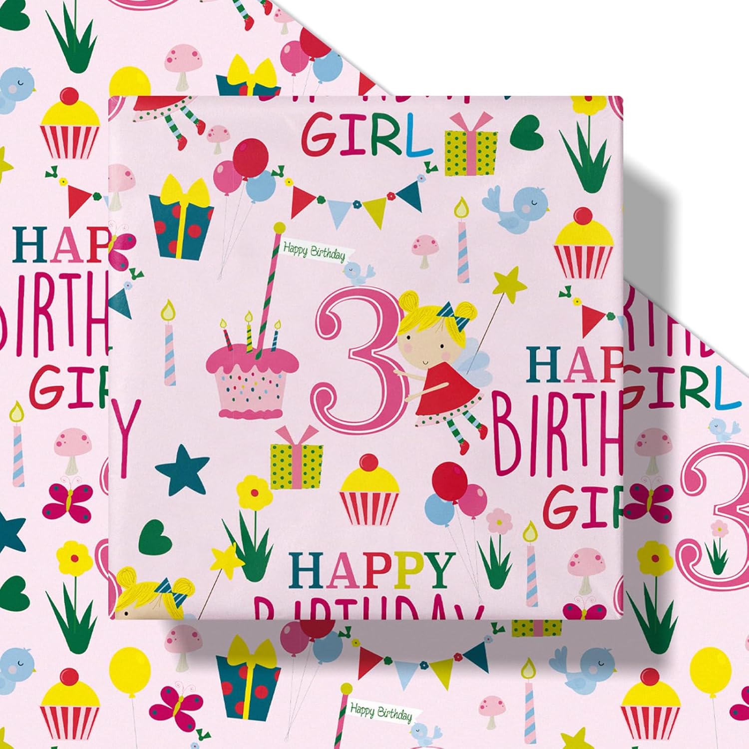 Happy 3Rd Birthday Wrapping Paper Roll For Girls, Mini Roll, Pink Happy Birthday Girl Pattern Design For Party And More, 17 Inches X 16.4 Feet, 3 Years Old
