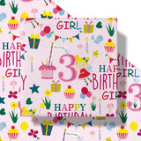 Happy 3Rd Birthday Wrapping Paper Roll For Girls, Mini Roll, Pink Happy Birthday Girl Pattern Design For Party And More, 17 Inches X 16.4 Feet, 3 Years Old