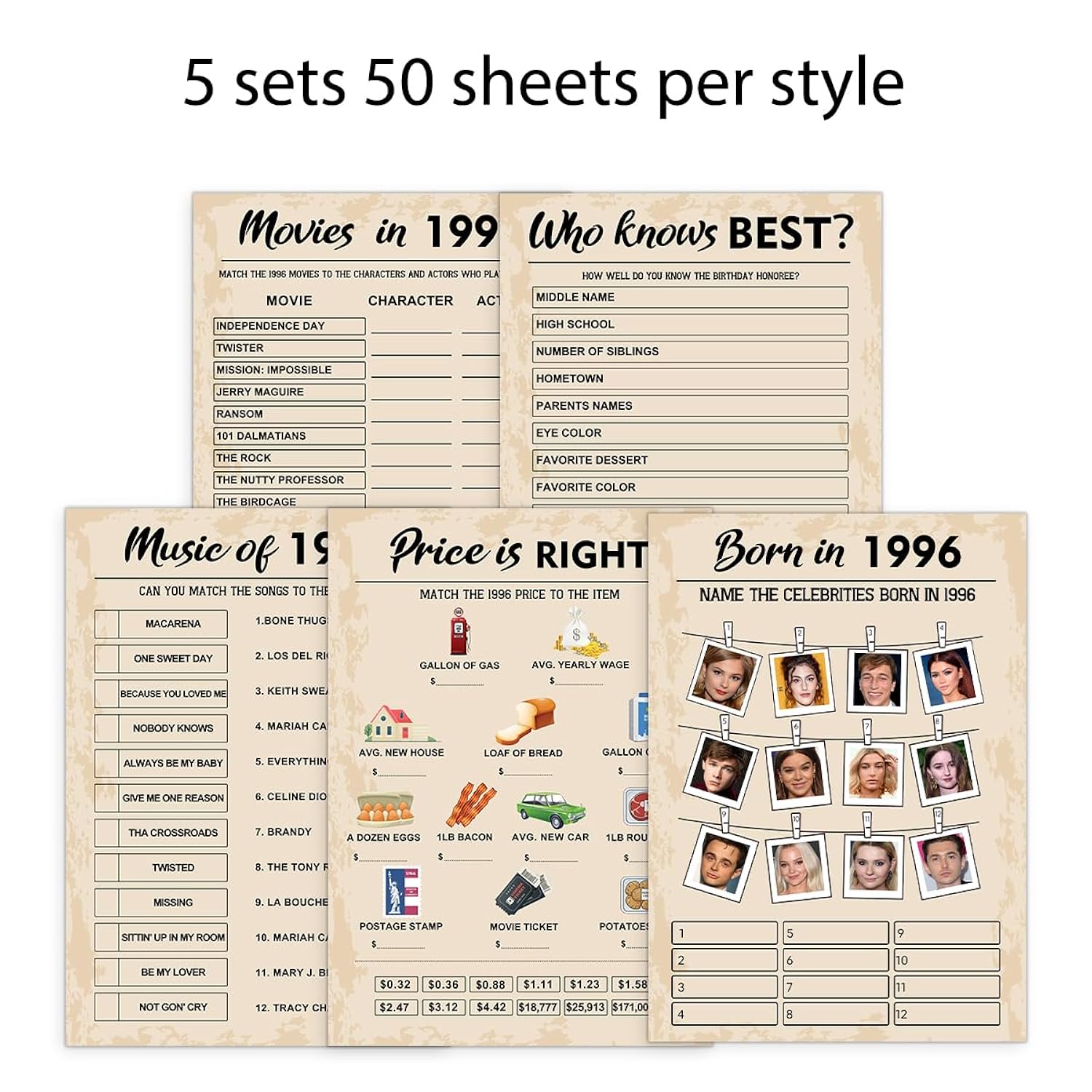 30Th Birthday Party Games, Set Of 5 Activities For 10 Guests, Born In 1996 Games Bundle, Birthday Party Supplies For Adults, Pack Of 50 Cards