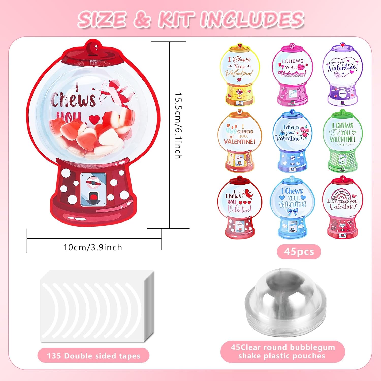 45 Pack Valentine'S Day Cards For Kids Classroom, Valentines Candy Holder Cards With Bubble Gum Machine Designs, Diy Valentine Exchange Gifts For Boys Girls School Party Favors, Not Included Candy