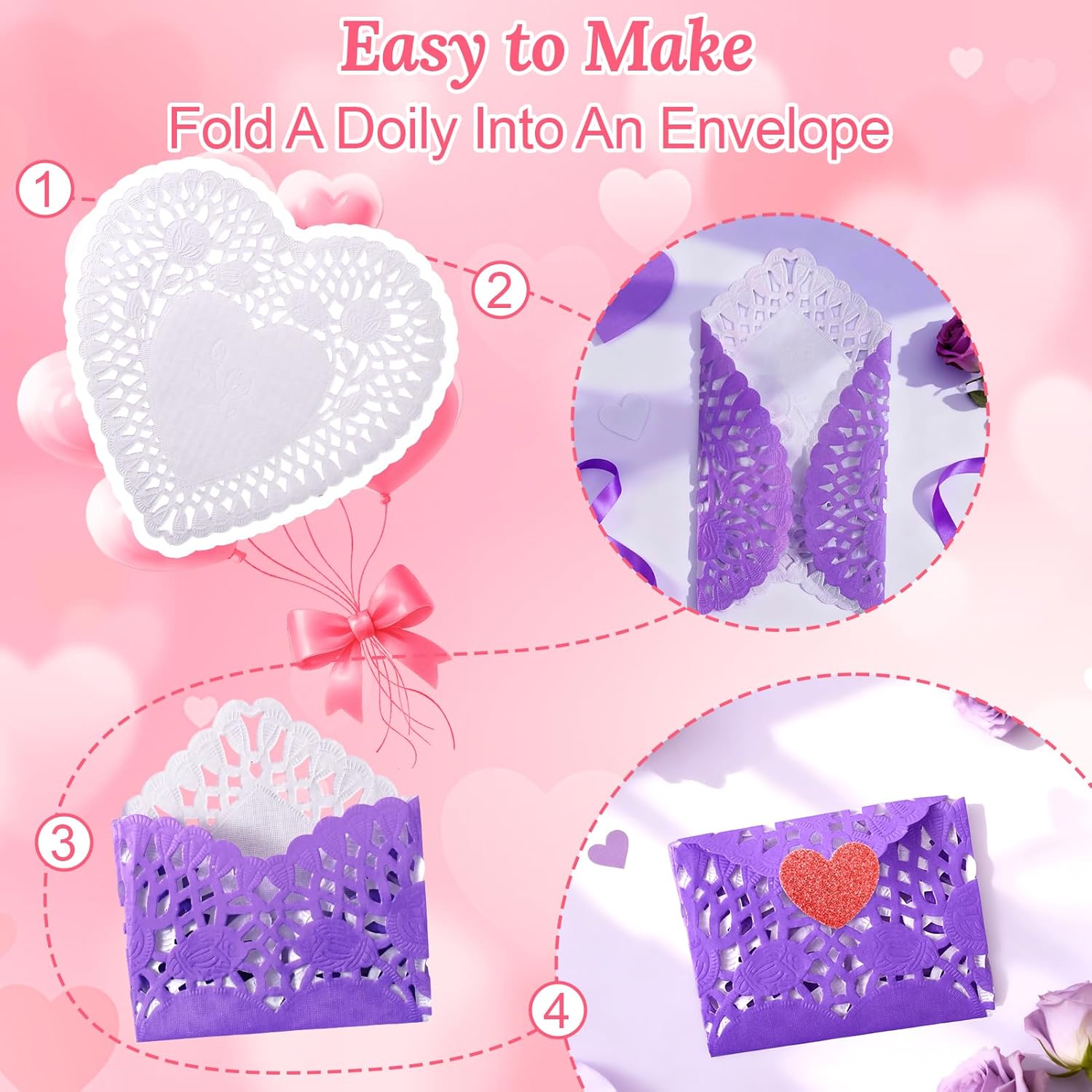 300Pc 10X10" Valentines Day Craft Gift Large Paper Heart Doilies With 100Pc Heart Shaped Doilies Lace Heart Doily Envelopes 200Pc Glitter Foam Heart Stickers For Valentines Day Wedding Party(10 Inch)
