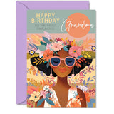 Grandma Birthday Card – Fabulous Floral Afro Queen Design – Tropical Flowers – Stylish Colorful Greeting For Grandma – 5X7 Inches With Envelope – Modern Card For Her