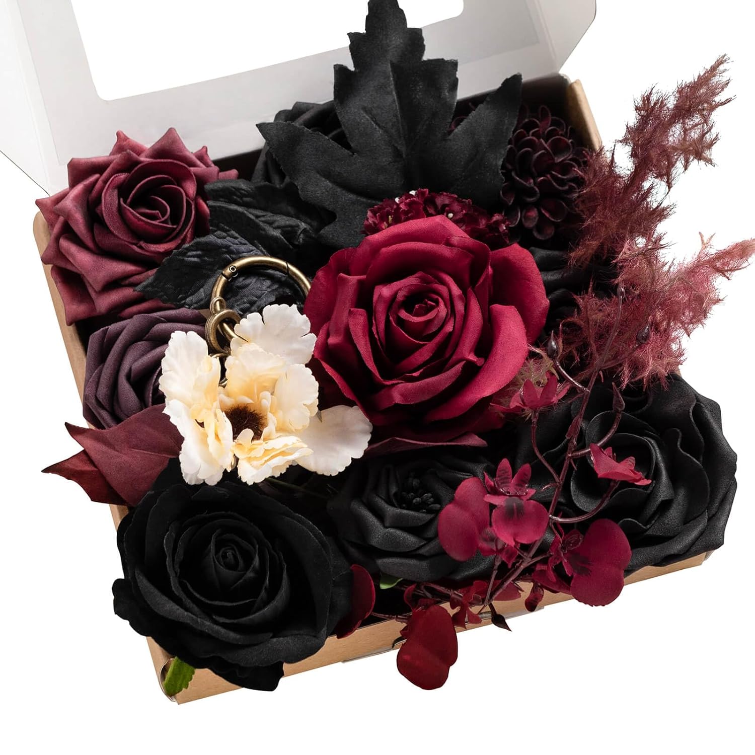 Fake Flowers Box, Faux Artificial Greenery Stems Foam Roses Dahlia Silk Maple Leaf Fabic Flower For Centerpieces Bouquet Wedding Vase Floral Decorations, Burgundy & Black, Mini Combo