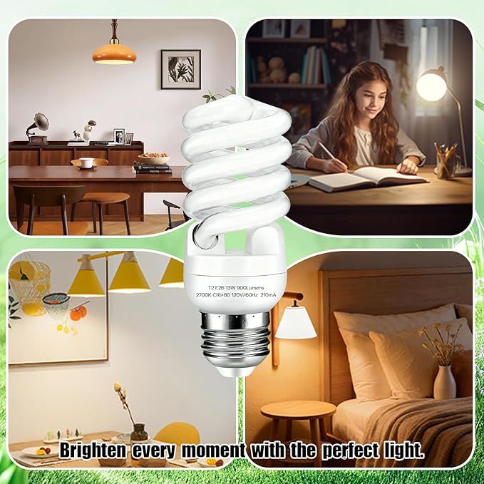 E26 13W CFL Light Bulbs T2 Spiral 2700K Soft White 900 Lumens 60W Equivalent 6 Pack