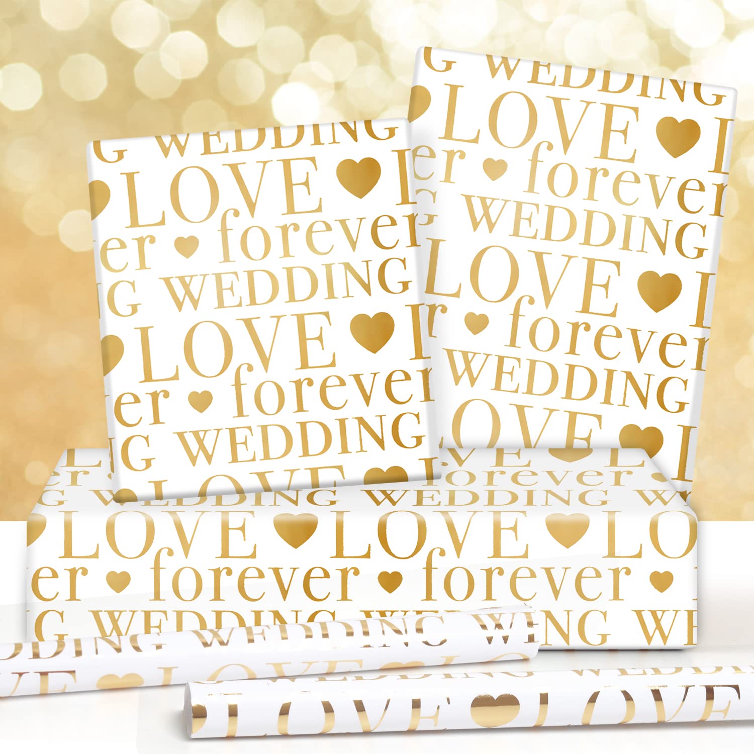 Wedding Wrapping Paper, Love Forever Wedding Letter With Hearts White Gold Foil Design 6 Sheets Folded Flat 20X28 Inches Per Sheet For Valentines Day, Weddings, Bridal Showers, Engagements