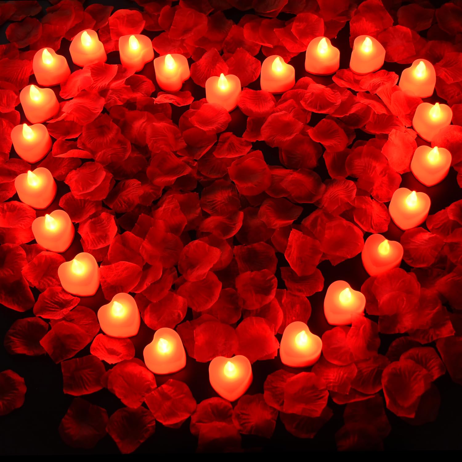 2000Pcs Red Artificial Rose Petals With 24Pcs Red Led Tea Lights Kit, For Decor