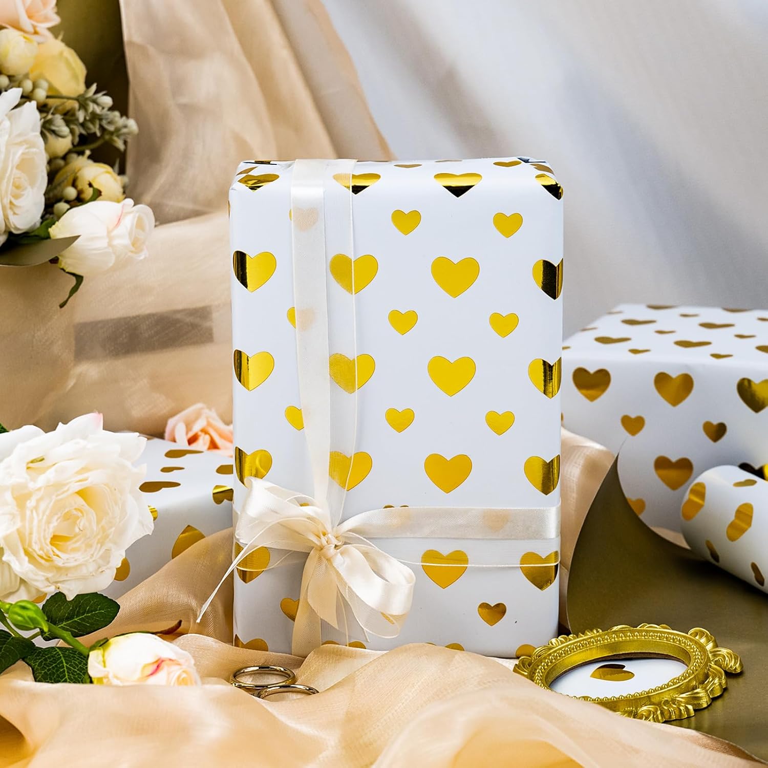 Wedding Wrapping Paper Roll, Heart Gift Wrapping Paper, Elegant Golden Heart Design Bridal Shower Gift Wrap For Birthday, Anniversary, Engagement, Valentine'S Day (17 Inch X 33 Feet)