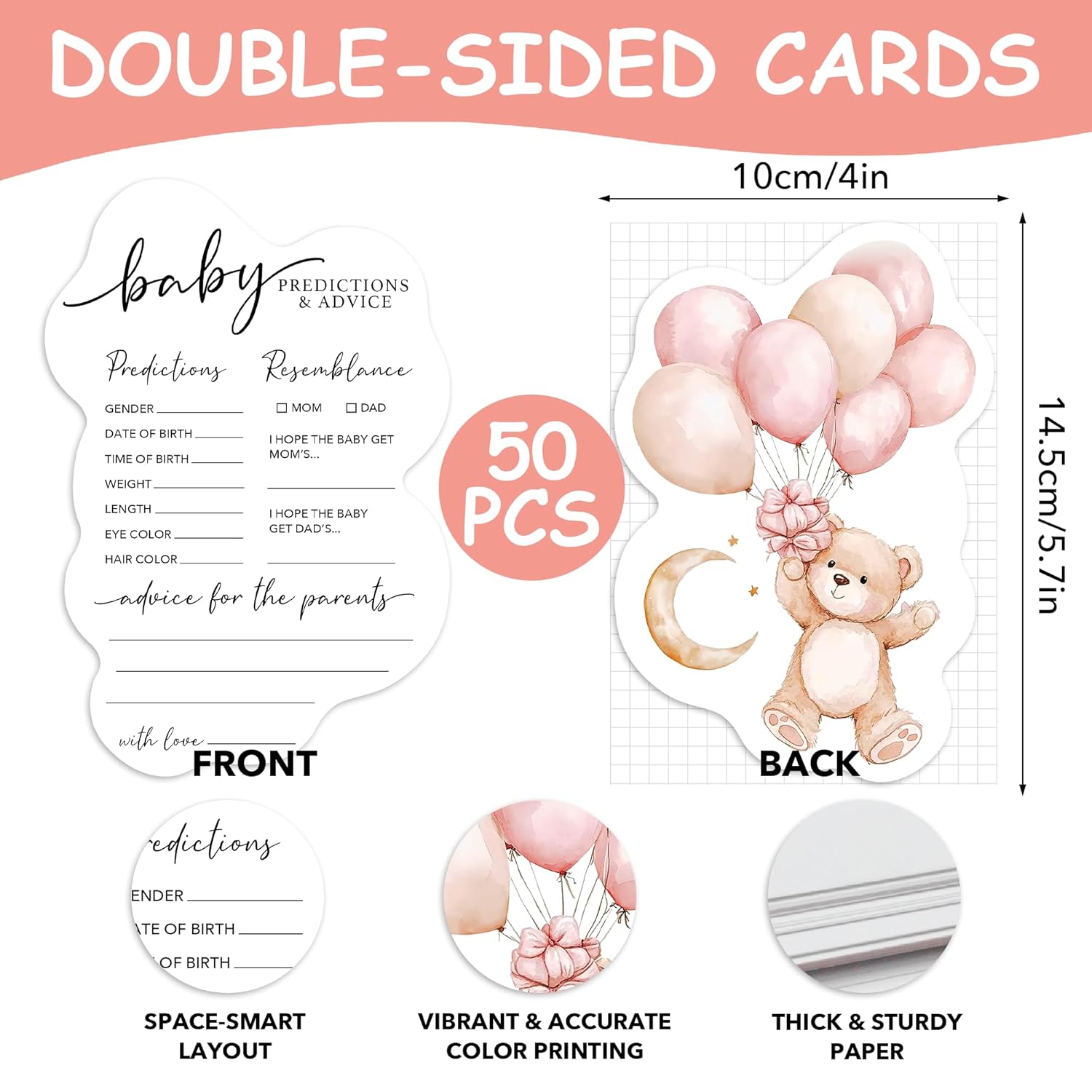 50 Pcs Double Side Baby Predictions & Advice Cards For New Parents Baby Shower Games For Wishes Decorations, Gender Reveal Games, Advice For New Parents To Be(Cute Bear) -A03
