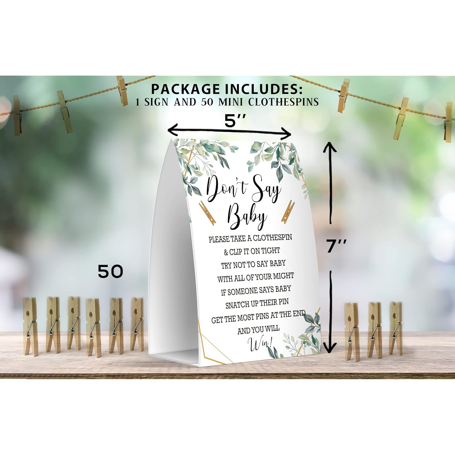 Don'T Say Baby Set - One 5X7 Sign And 50 Mini Clothespins, Baby Shower Games, Baby Shower Decoration, Gender Neutral Baby Shower - Msjb009