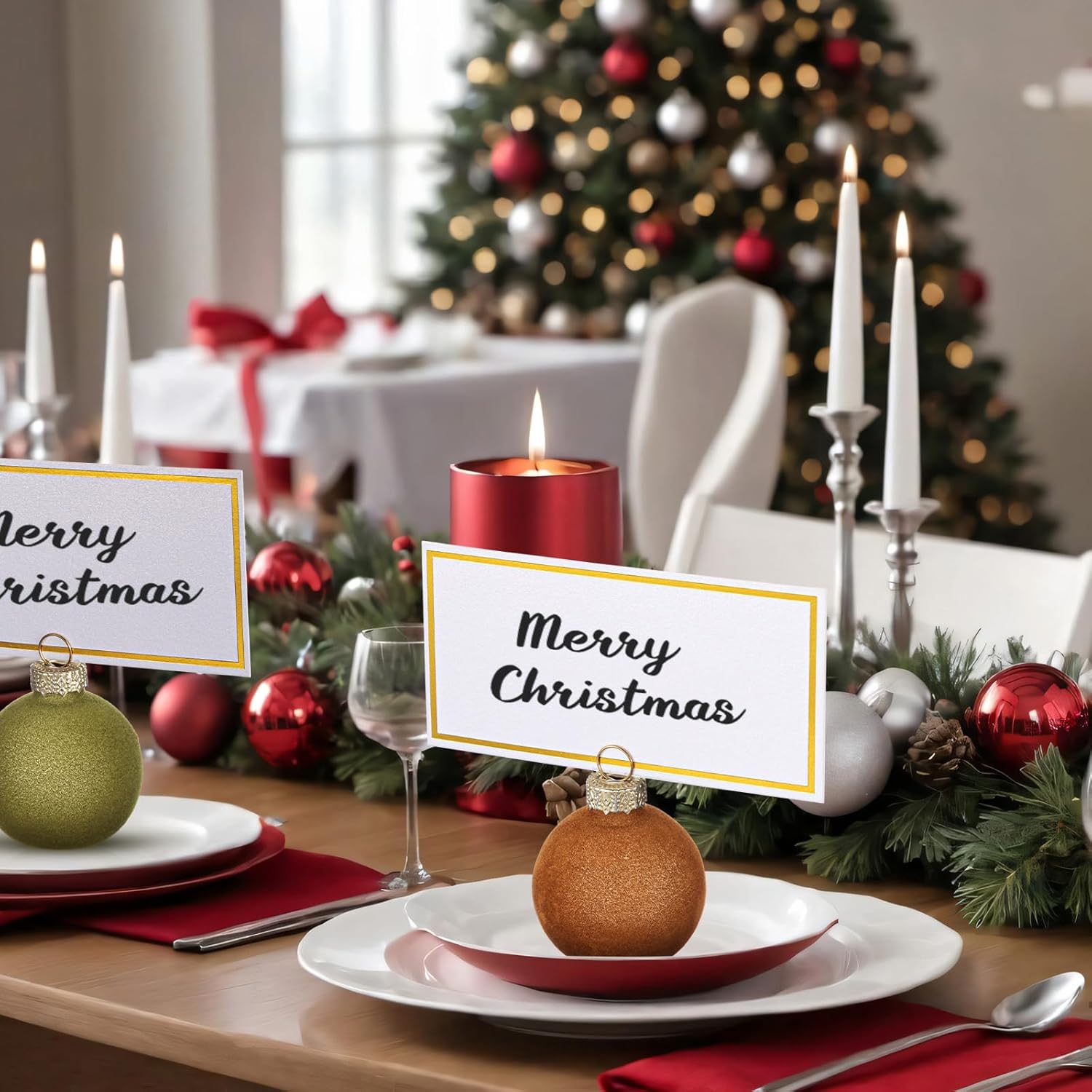 12 Pcs Velvet Glass Christmas Ornament Place Card Holders With 18 Pcs Name Place Cards 1.57 Inch Glass Ball Table Sign Photo Picture Number Stand For Xmas Table Setting Holiday Party Decor