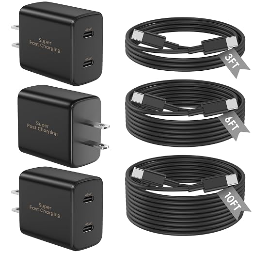 3 Pack 45W USB C Dual Port Fast Charger with 3FT 6FT 10FT USB C Cables Black
