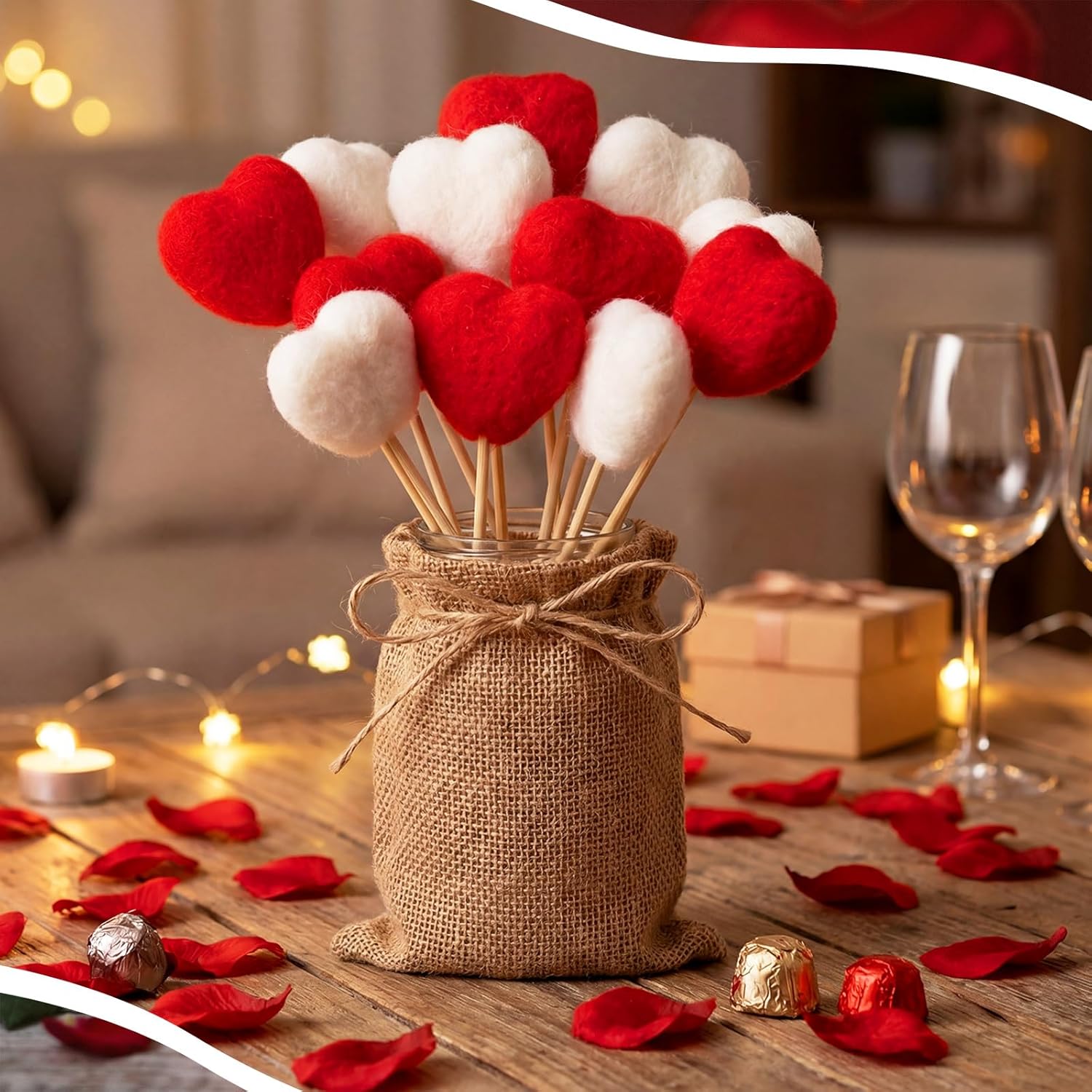 Rustic Valentines Table Decorations Set, Valentines Mason Jars Decor With 12 Pcs Red White Felt Heart Picks Galentines Bouquet Heart Flower Stick Gifts For Lovers Dinning Table Office