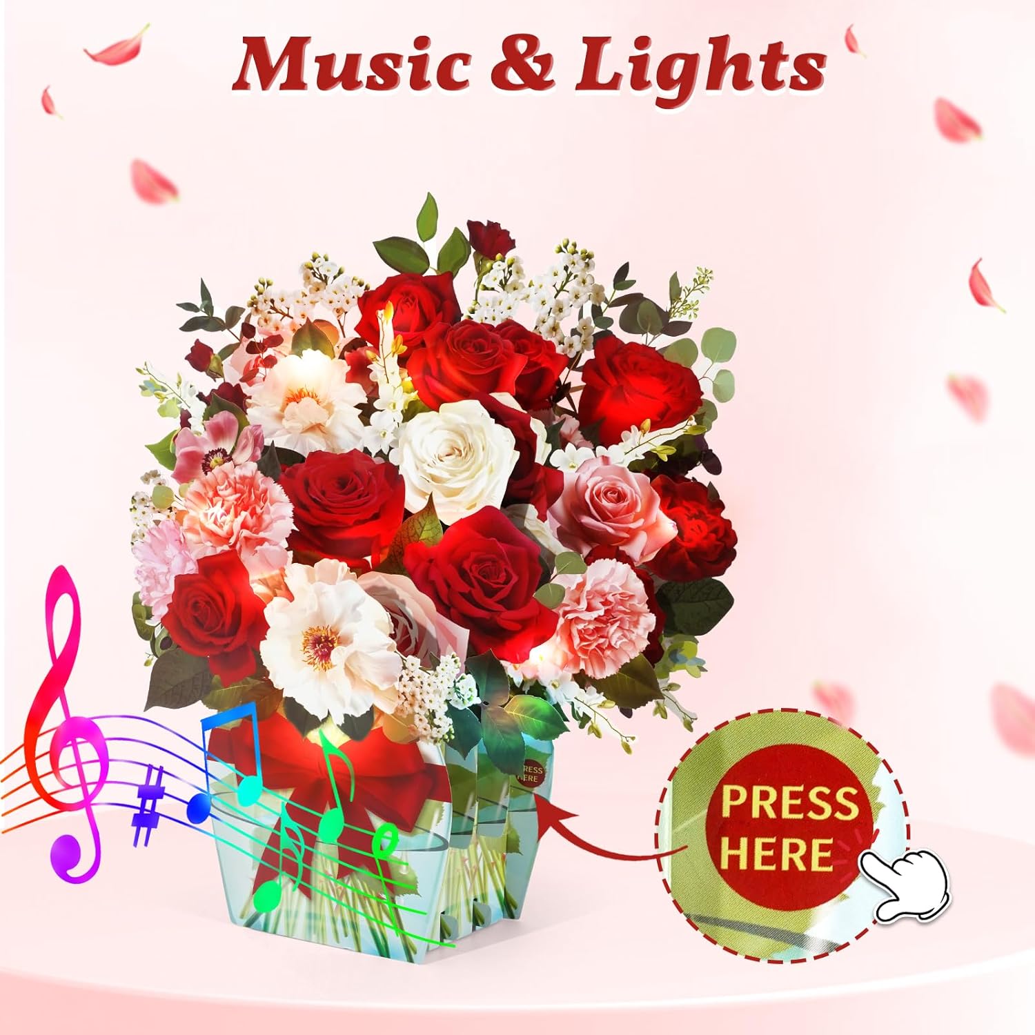 Rose Card With Music And Light, Valentine Card With Roses, Flower Bouquet 3D Gift Card, Valentines Day Gifts Mothers Day Gifts For Women Mom Wife(Rose)